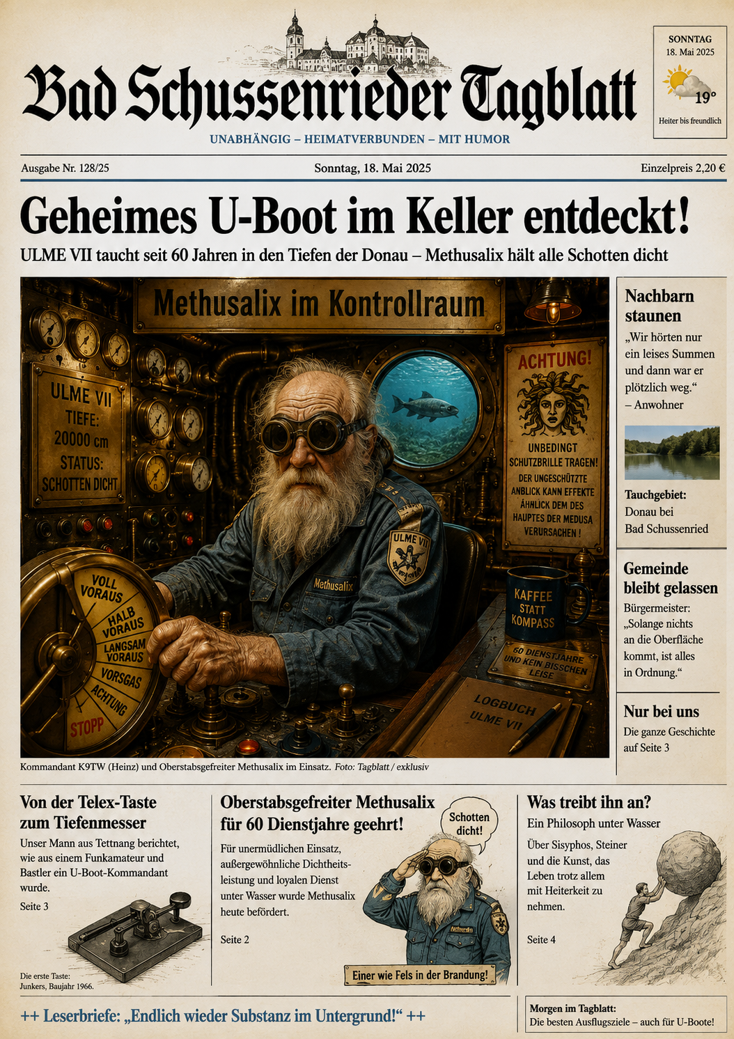 Satirische Titelseite des Bad Schussenrieder Tagblatts mit Methusalix und ULME VII